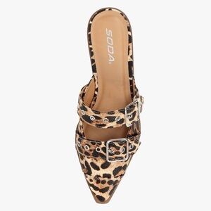 Soda Leopard Print Pointed Toe Mule with Double Buckle - Tan & Black